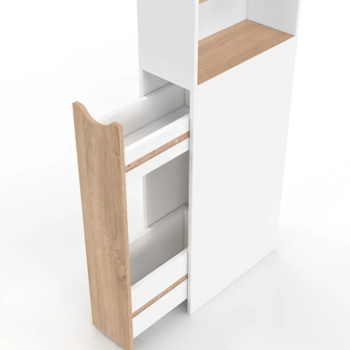 Meuble colonne salle de bain gain de place desserte 2 niveaux avec tiroirs et 3 étagères façon hêtre et blanc