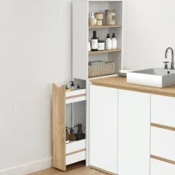 Meuble colonne salle de bain gain de place desserte 2 niveaux avec tiroirs et 3 étagères façon hêtre et blanc