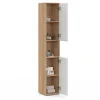 Meuble colonne salle de bain suspendu 2 portes 1 niche façon hêtre et blanc