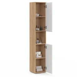 Meuble colonne salle de bain suspendu 2 portes 1 niche façon hêtre et blanc