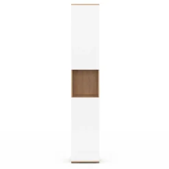 Meuble colonne salle de bain suspendu 2 portes 1 niche façon hêtre et blanc