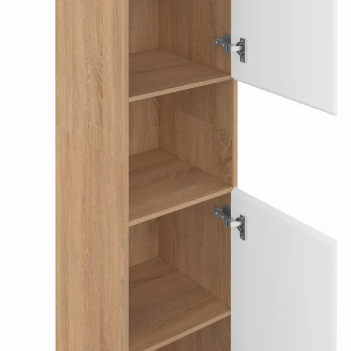 Meuble colonne salle de bain suspendu 2 portes 1 niche façon hêtre et blanc