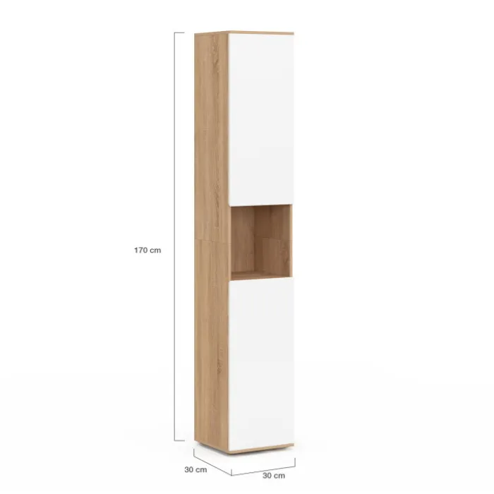 Meuble colonne salle de bain suspendu 2 portes 1 niche façon hêtre et blanc