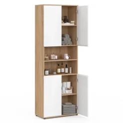 Meuble colonne salle de bain 4 portes 2 niches façon hêtre et blanc
