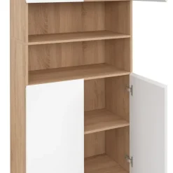 Meuble colonne salle de bain 4 portes 2 niches façon hêtre et blanc