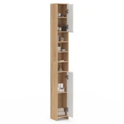 Meuble colonne salle de bain 2 portes 4 niches façon hêtre et blanc