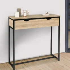 Meuble console industrielle 2 tiroirs bois et métal 90 cm