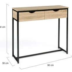 Meuble console industrielle 2 tiroirs bois et métal 90 cm