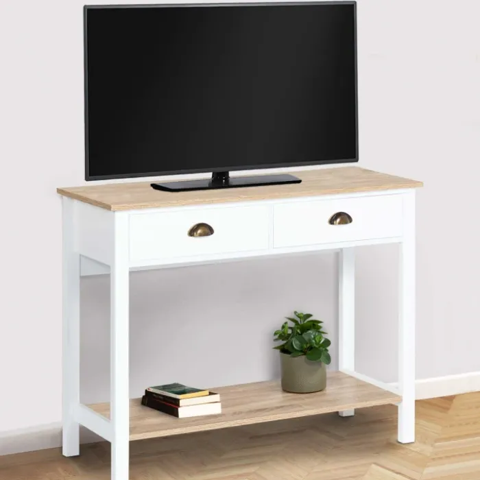 Meuble console vintage bois et blanc 100 cm