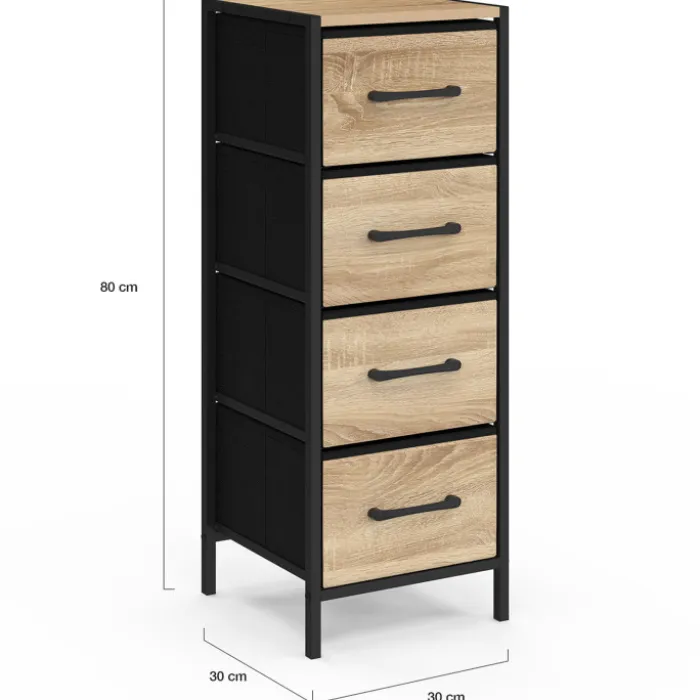 Meuble d'appoint 4 tiroirs 30 cm chiffonnier, meuble de rangement design industriel