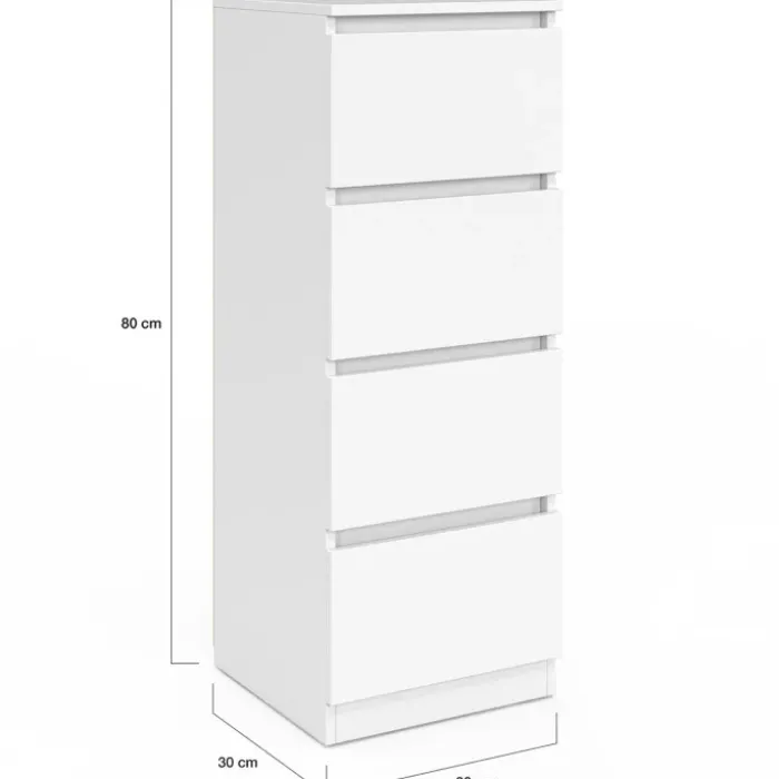 Meuble d’appoint chiffonnier avec 4 tiroirs de 30 cm en bois blanc