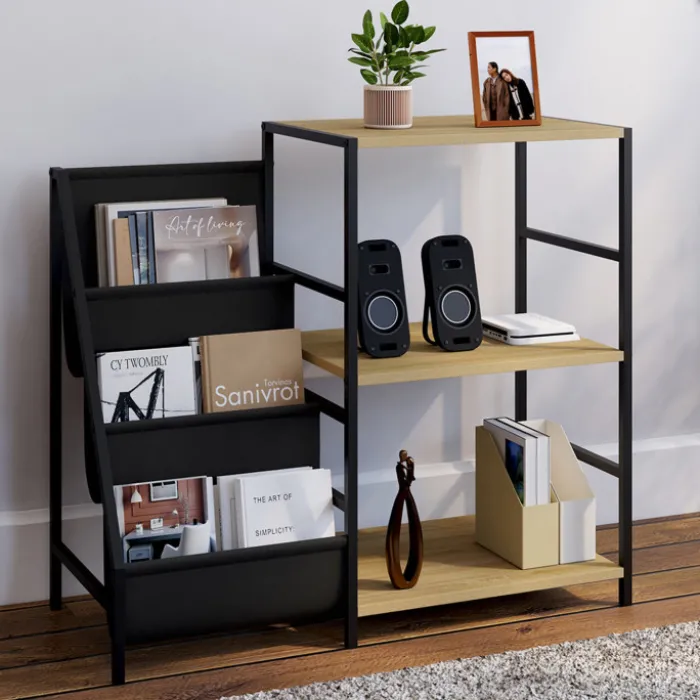 Meuble d'appoint, rangement avec étagères, supports vinyles et platine design industriel