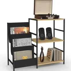 Meuble d'appoint, rangement avec étagères, supports vinyles et platine design industriel