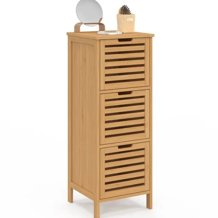 Meuble d'appoint salle de bain bambou 3 portes 30 x 30 x 80 cm