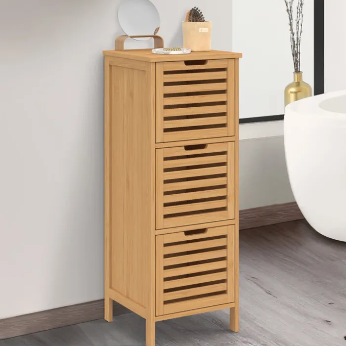 Meuble d'appoint salle de bain bambou 3 portes 30 x 30 x 80 cm
