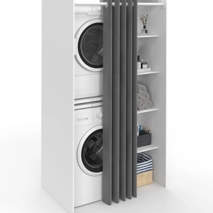 Meuble de buanderie double machine à laver avec rideau coulissant blanc