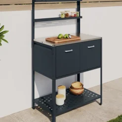 Meuble de cuisine extérieure 2 portes et 2 étagères suspendues en acier gris anthracite