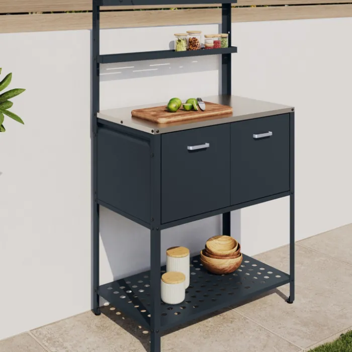 Meuble de cuisine extérieure 2 portes et 2 étagères suspendues en acier gris anthracite