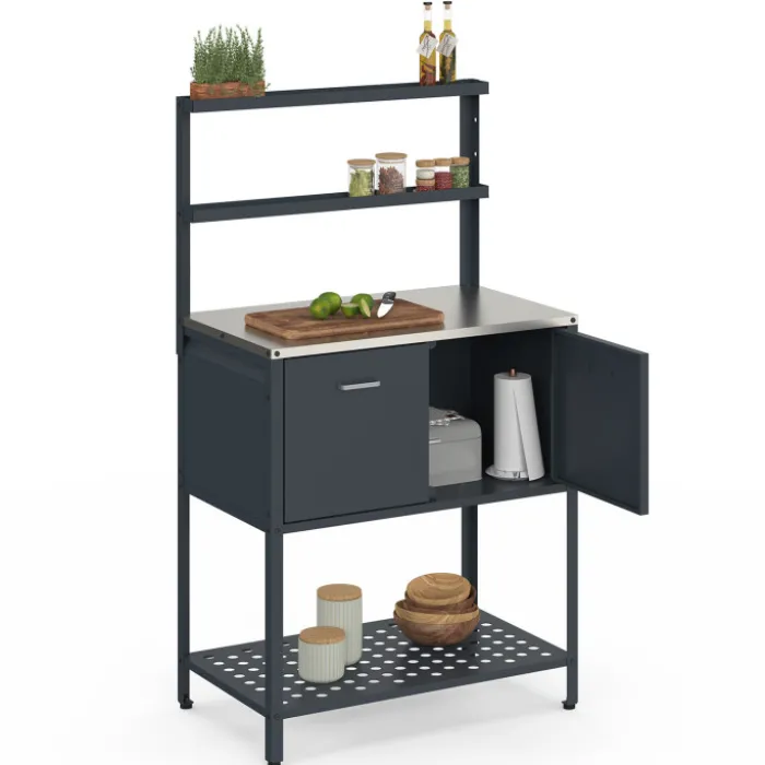 Meuble de cuisine extérieure 2 portes et 2 étagères suspendues en acier gris anthracite