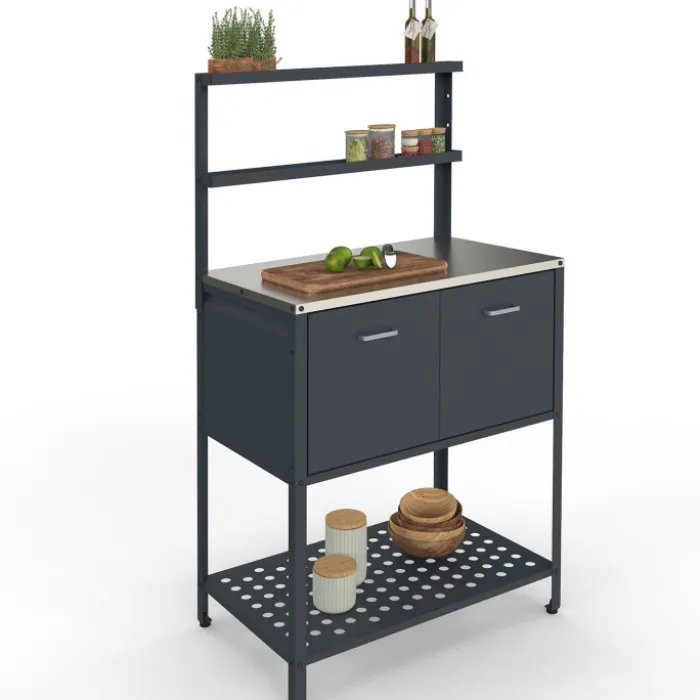 Meuble de cuisine extérieure 2 portes et 2 étagères suspendues en acier gris anthracite