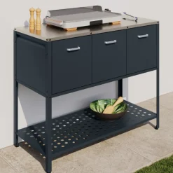 Meuble de cuisine extérieure 3 portes avec 1 étagère en acier gris anthracite