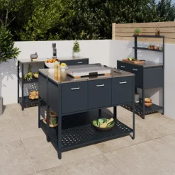 Meuble de cuisine extérieure 3 portes avec 1 étagère en acier gris anthracite