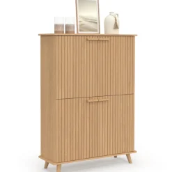 Meuble de rangement 4 portes effet lattes tasseau bois coloris chêne