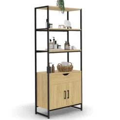 Meuble de rangement design industriel salle de bain avec 3 étages 1 placard 1 tiroir