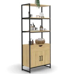Meuble de rangement design industriel salle de bain avec 3 étages 1 placard 1 tiroir
