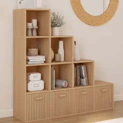 Meuble de rangement en escalier 4 niveaux effet lattes avec 4 tiroirs en tissu