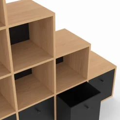 Meuble de rangement en escalier 4 niveaux bois et noir avec 4 tiroirs en tissu