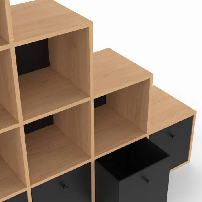 Meuble de rangement en escalier 4 niveaux bois et noir avec 4 tiroirs en tissu