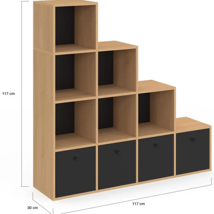 Meuble de rangement en escalier 4 niveaux bois et noir avec 4 tiroirs en tissu