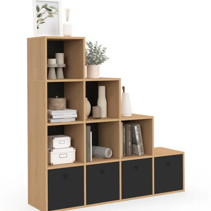 Meuble de rangement en escalier 4 niveaux bois et noir avec 4 tiroirs en tissu