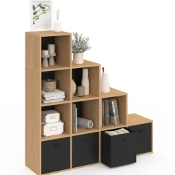 Meuble de rangement en escalier 4 niveaux bois et noir avec 4 tiroirs en tissu