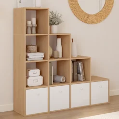 Meuble de rangement en escalier 4 niveaux bois et blanc avec 4 tiroirs en tissu