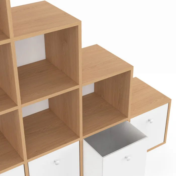 Meuble de rangement en escalier 4 niveaux bois et blanc avec 4 tiroirs en tissu