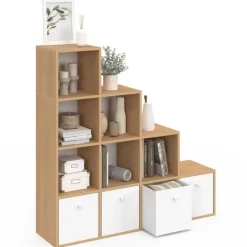 Meuble de rangement en escalier 4 niveaux bois et blanc avec 4 tiroirs en tissu