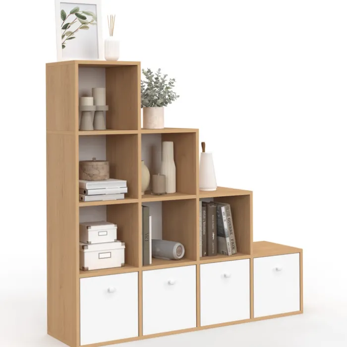 Meuble de rangement en escalier 4 niveaux bois et blanc avec 4 tiroirs en tissu