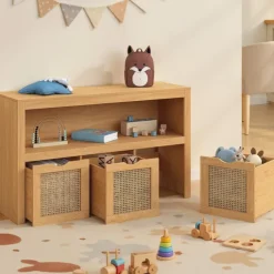 Meuble de rangement enfant bois et cannage 3 tiroirs cubes sur roulettes