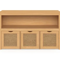 Meuble de rangement enfant bois et cannage 3 tiroirs cubes sur roulettes