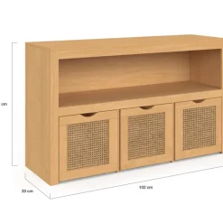 Meuble de rangement enfant bois et cannage 3 tiroirs cubes sur roulettes