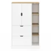 Meuble de rangement L. 80 cm pour bureau, chambre, entrée avec portes et tiroirs blanc et bois