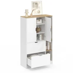 Meuble de rangement L. 80 cm pour bureau, chambre, entrée avec portes et tiroirs blanc et bois