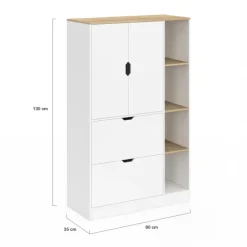 Meuble de rangement L. 80 cm pour bureau, chambre, entrée avec portes et tiroirs blanc et bois