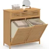 Meuble de rangement salle de bain bambou 2 paniers à linge amovibles 1 tiroir tissu écru