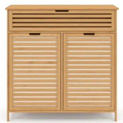 Meuble de rangement salle de bain bambou 2 paniers à linge amovibles 1 tiroir tissu écru