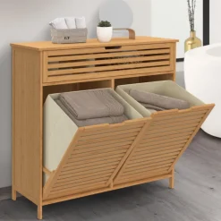 Meuble de rangement salle de bain bambou 2 paniers à linge amovibles 1 tiroir tissu écru