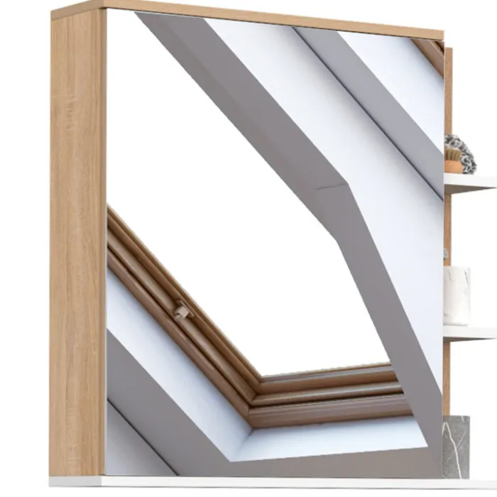 Meuble de rangement suspendu avec miroir et étagères pour salle de bain façon hêtre et blanc