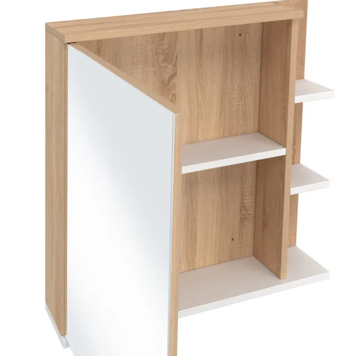 Meuble de rangement suspendu avec miroir et étagères pour salle de bain façon hêtre et blanc